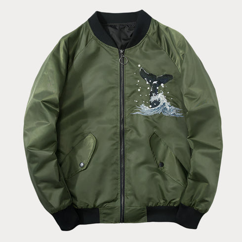 Whale Embroidered MA1 Bomber Jacket for Men – Oversized Japanese Sukajan Coat